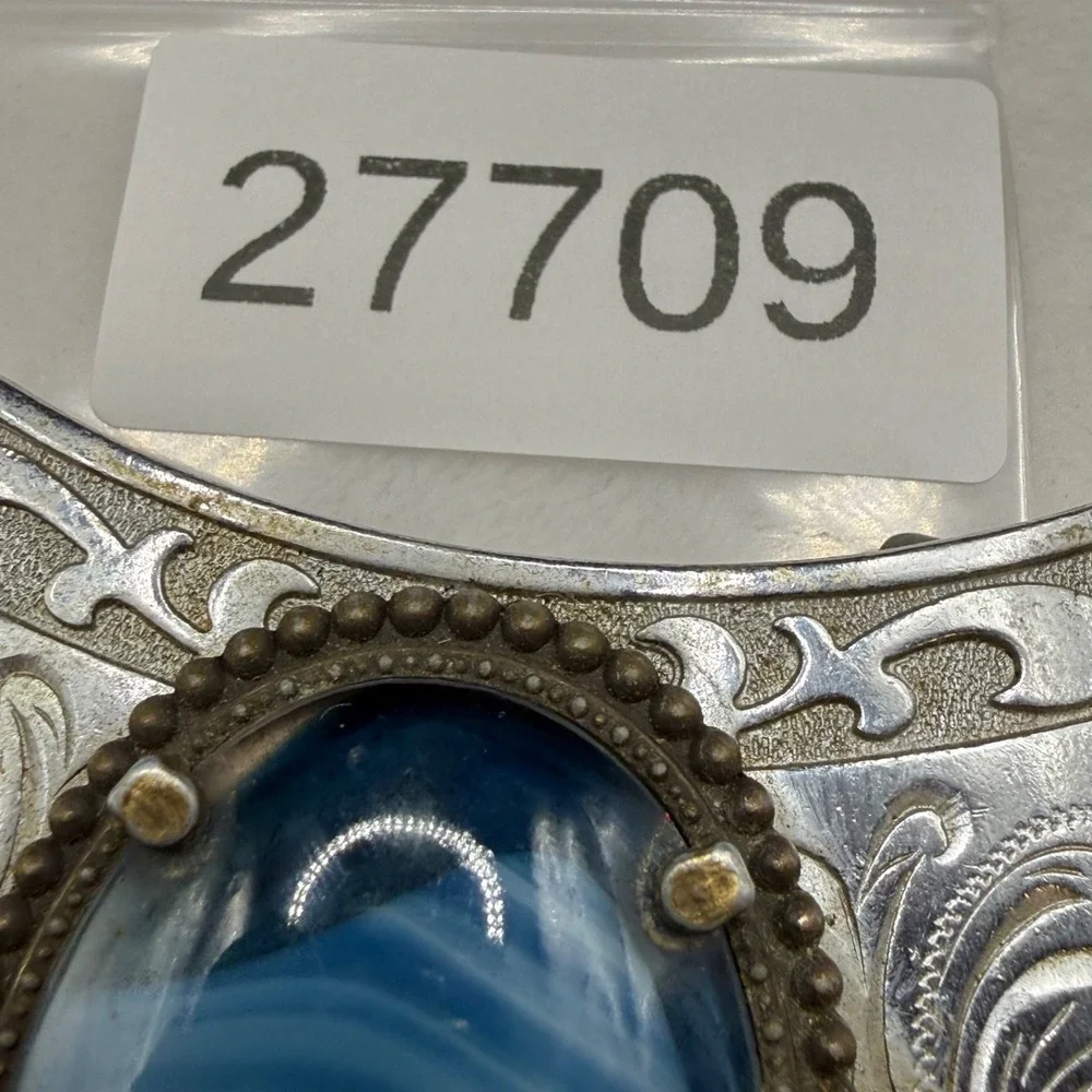 Vintage Polished Stone Belt Buckle Silver Tone Blue Stone